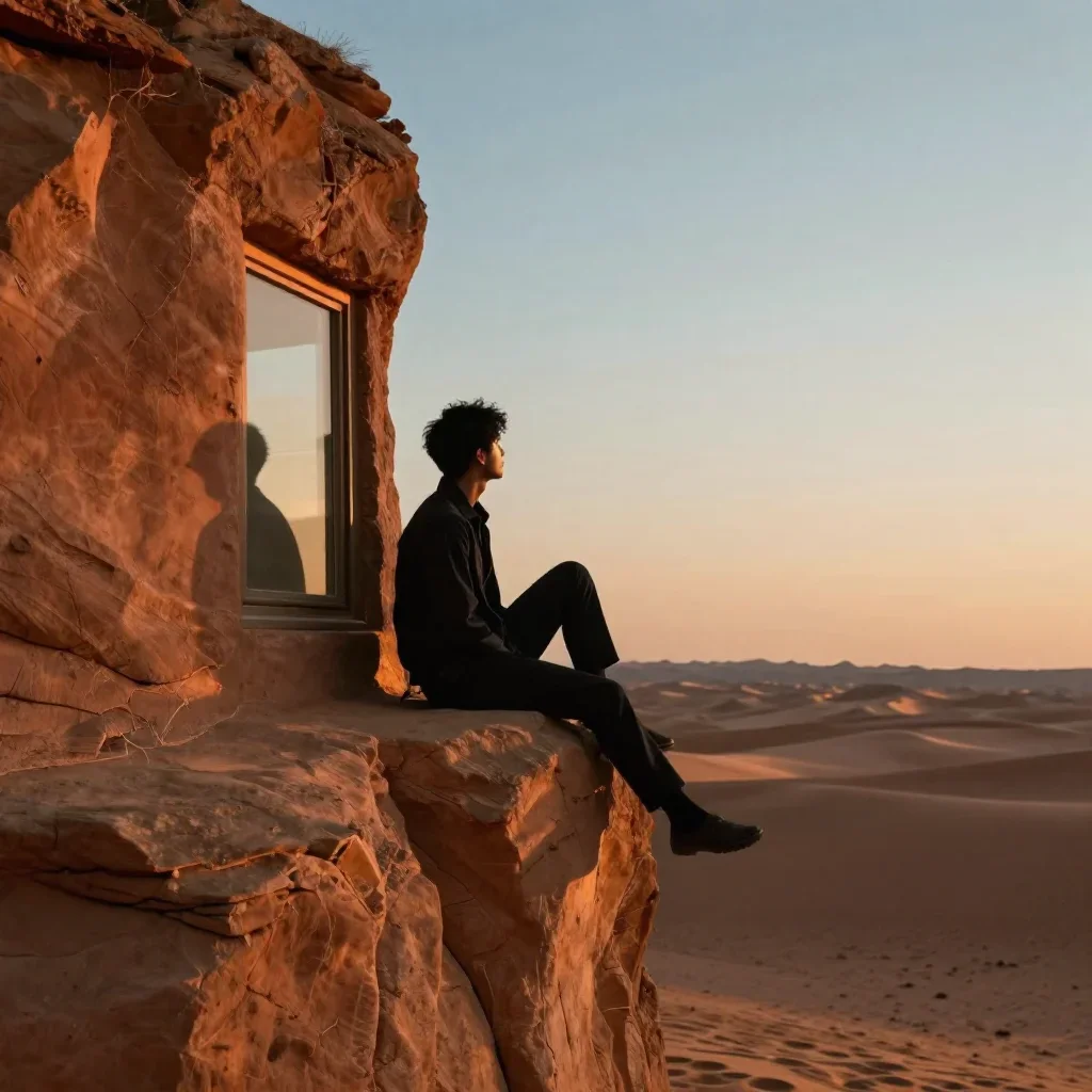 a travel influencer posing on a cliffside at golden hour in a seated silhouette against a window, in a silent desert at 