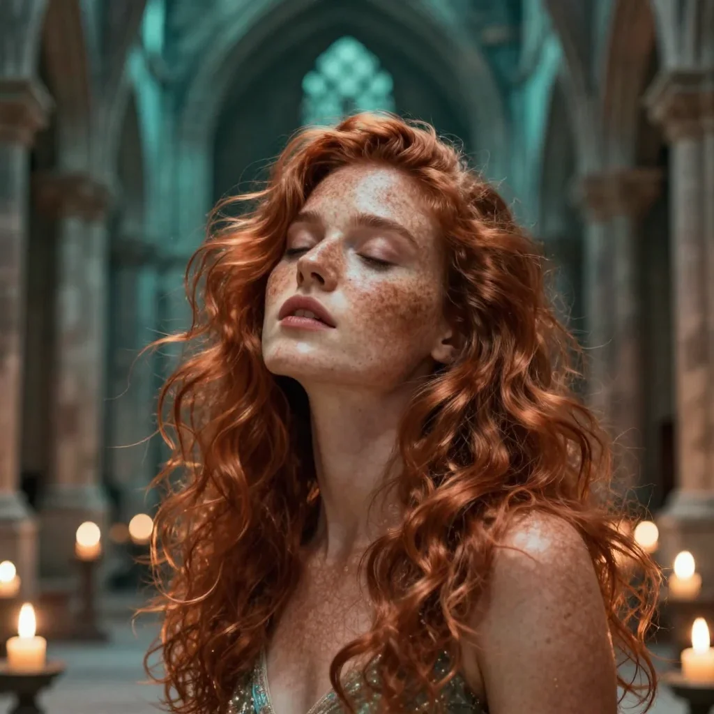 a muse with freckles and wind-tousled copper hair in a deep breath with eyes closed, in a candle-lit cathedral ruin, cin