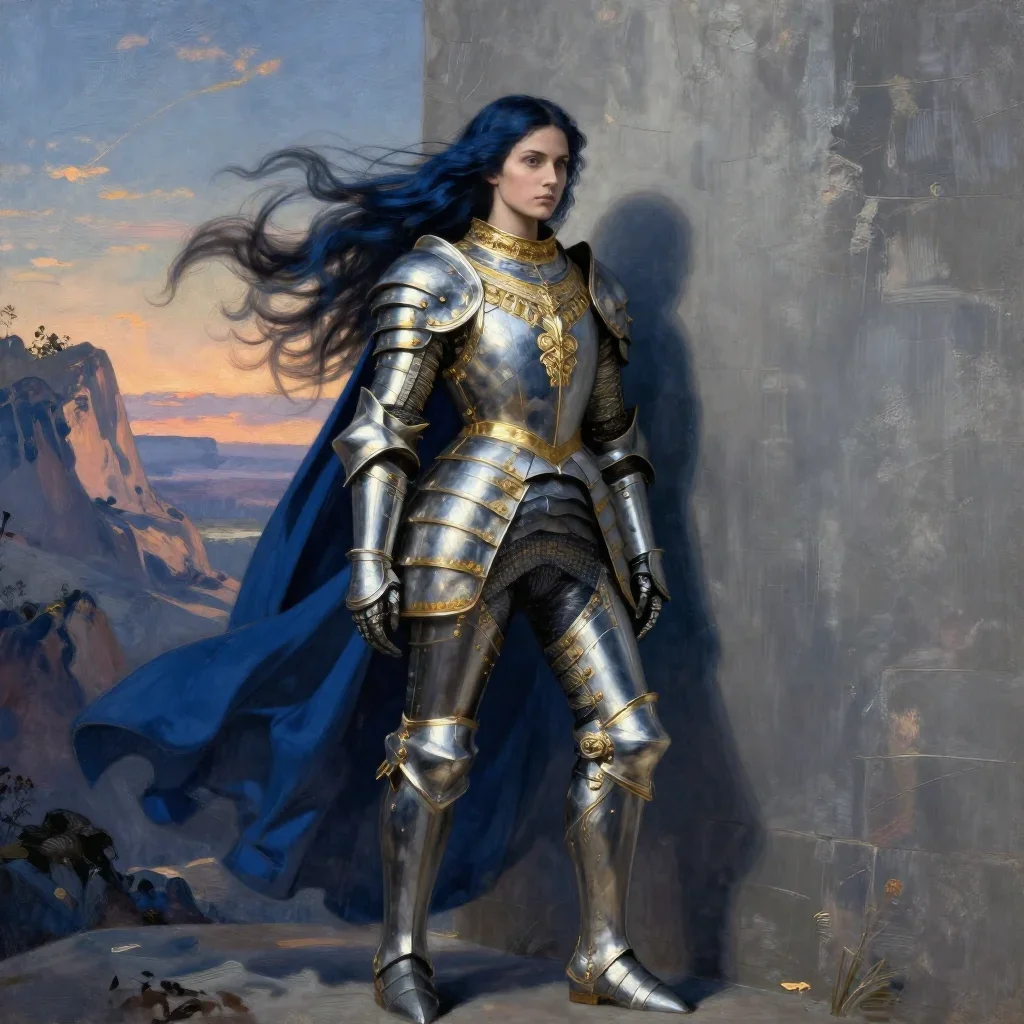a warrior queen in ornate gilded armor in a wind-swept lean against a wall, on a sun-drenched cliffside, Renaissance chi