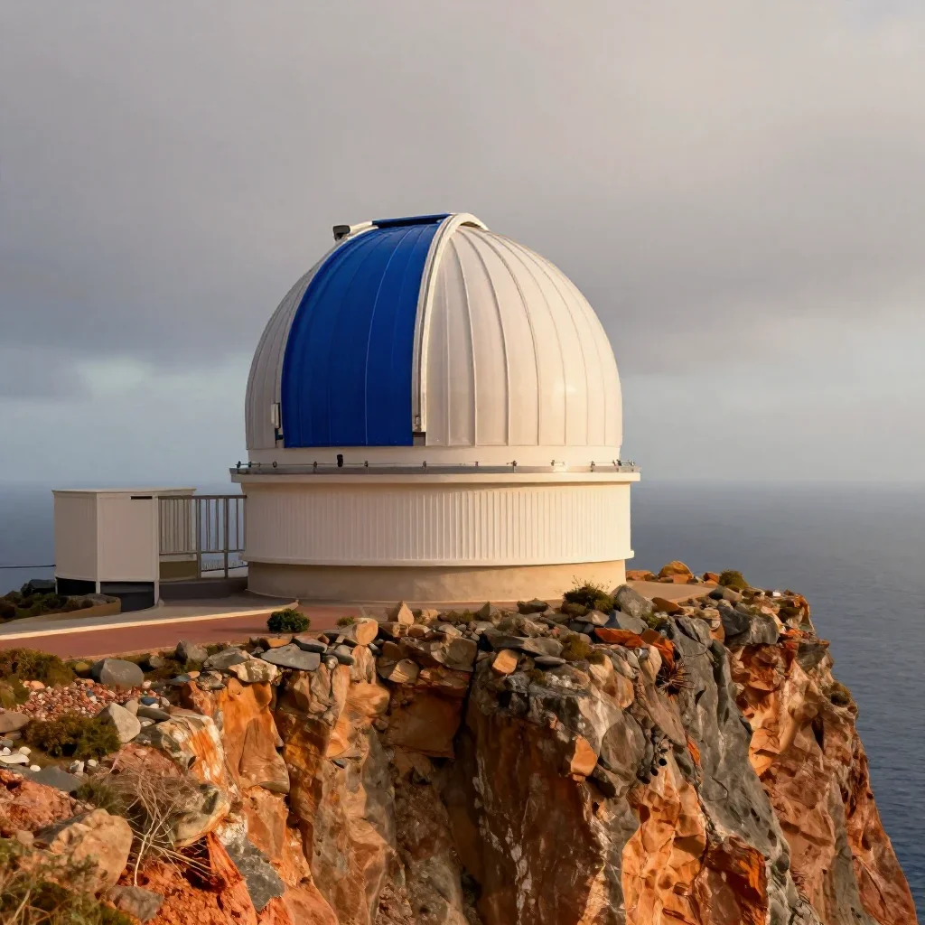 a cliffside observatory under overcast coastal light, museum-quality still-life photography, soft volumetric light, ochre and ultramarine palette, no people, no text, no logo, no watermark