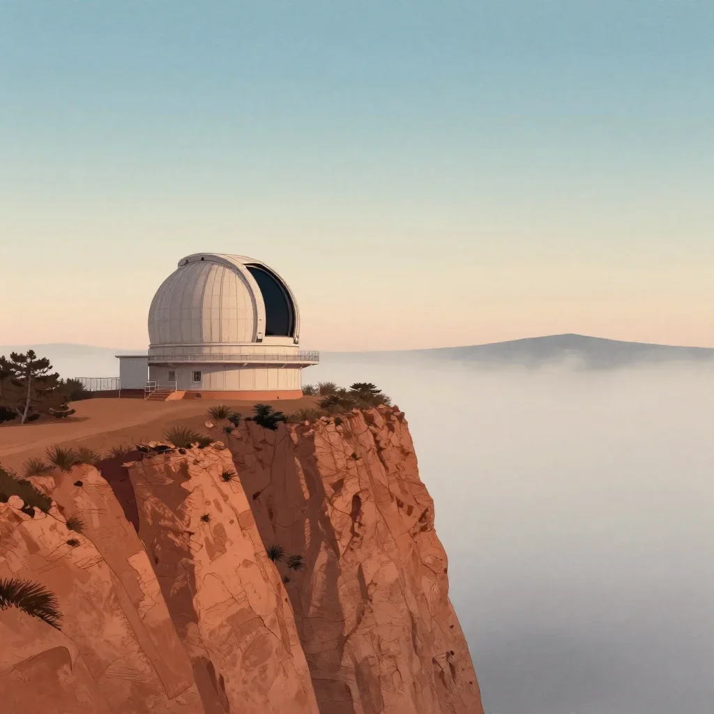 a cliffside observatory under soft dawn fog, Japanese woodblock-inspired editorial art, restrained color harmony, terrac