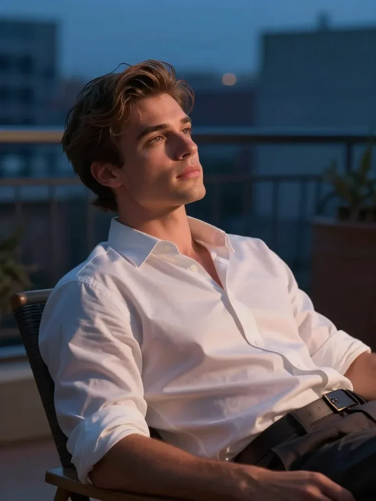 a handsome man in a rolled-sleeve white shirt reclining elegantly on a chaise, in a blue-hour city apartment, cinematic 