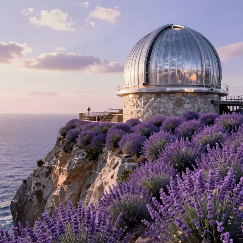 a cliffside observatory in a gentle sea breeze, cinematic architectural photography, soft volumetric light, lavender and