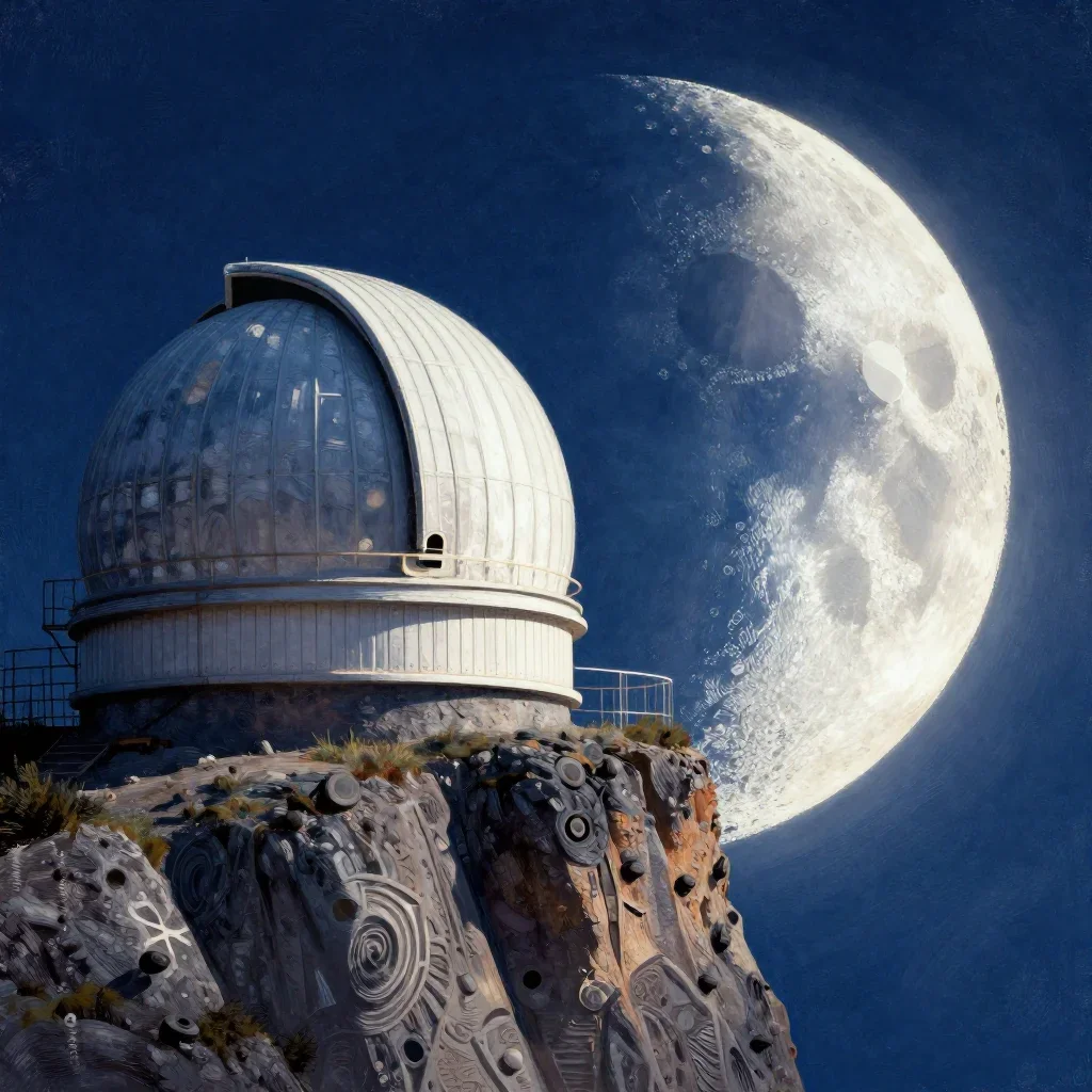 a cliffside observatory at moonrise, modernist poster illustration, weathered tactile surfaces, indigo and pearl palette