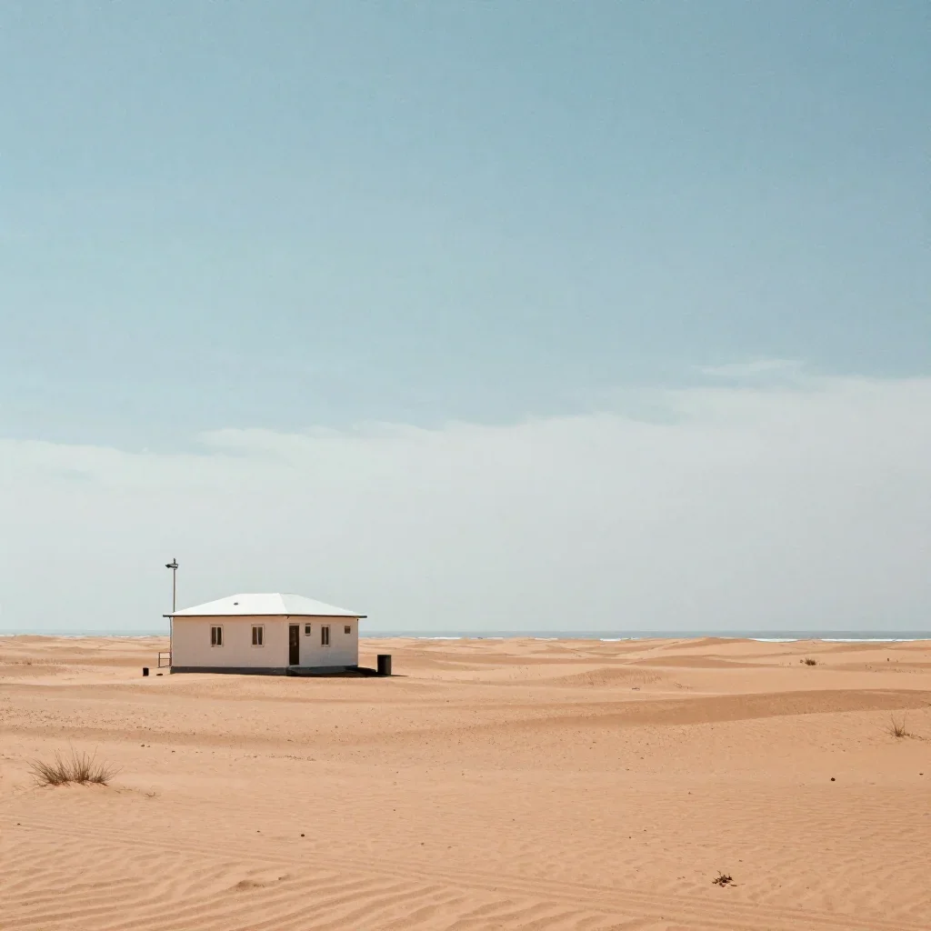 a desert research station under overcast coastal light, Japanese woodblock-inspired editorial art, calm negative space, 