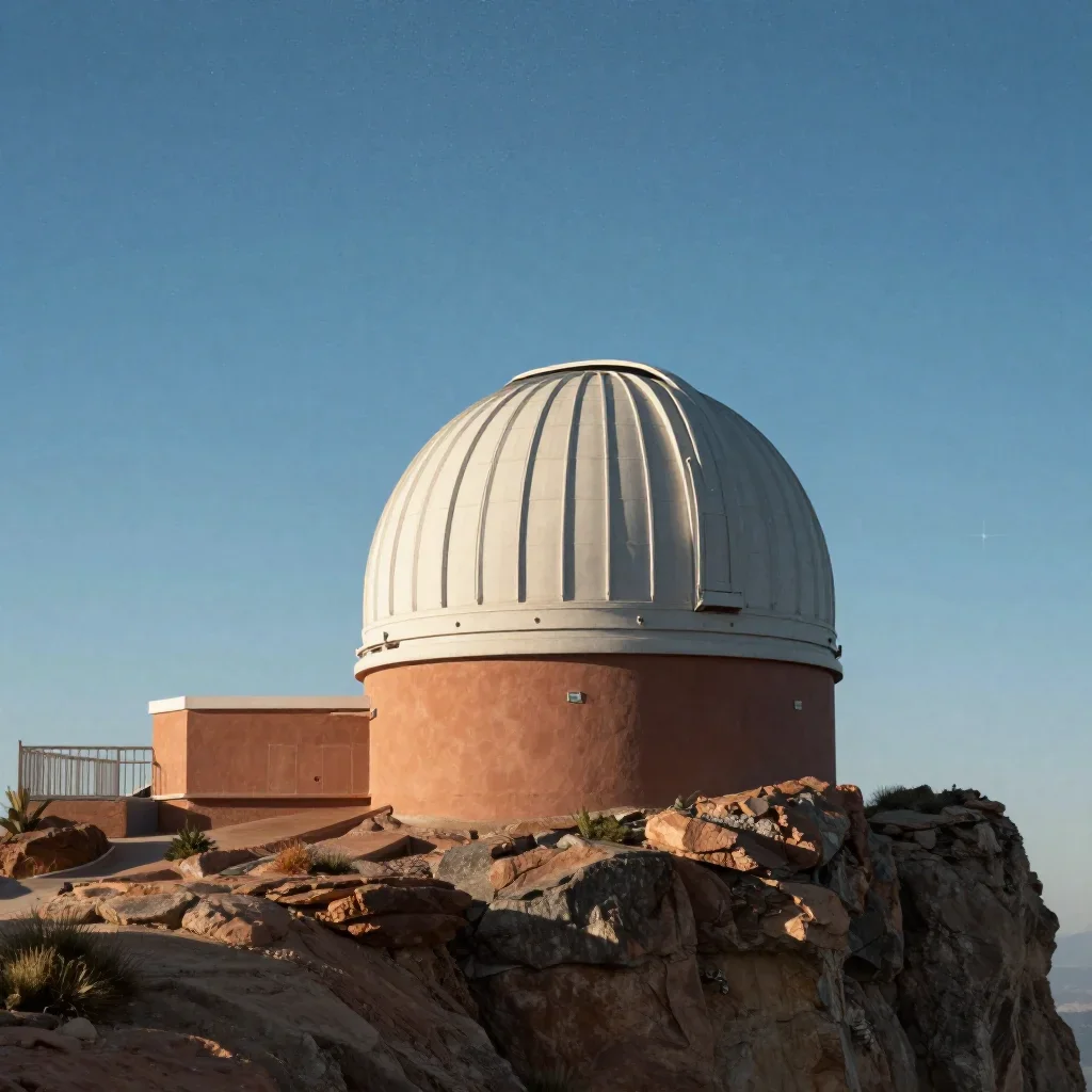 a cliffside observatory beneath a star-filled sky, museum-quality still-life photography, atmospheric depth, terracotta