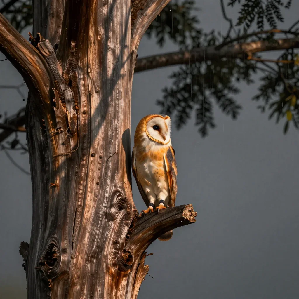 a barn owl in an old cedar after warm summer rain, cinematic architectural photography, shallow depth of field, garnet a