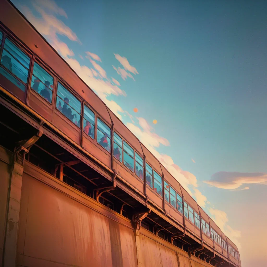 a glass monorail in crisp winter sunlight, Japanese woodblock-inspired editorial art, restrained color harmony, terracot