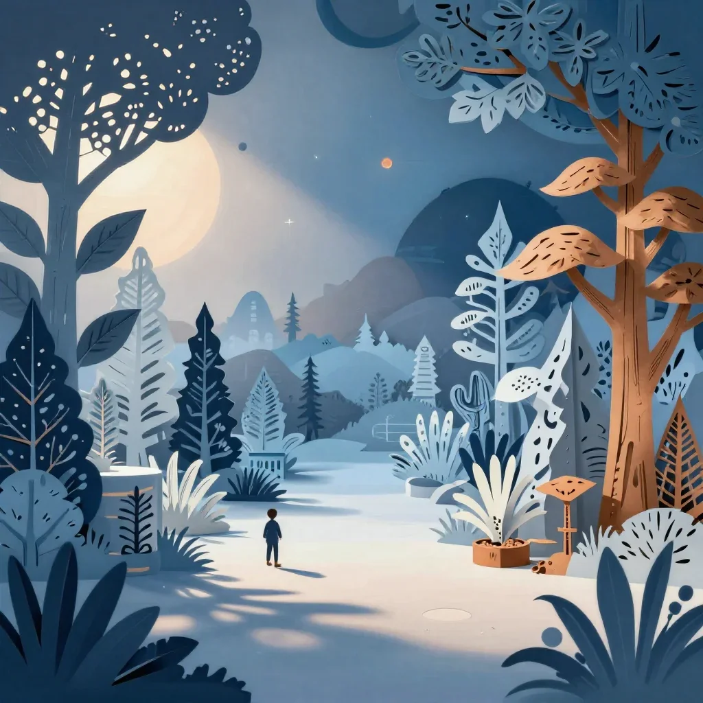 a deep-space botanical archive in quiet late-afternoon haze, intricate paper-cut illustration, soft volumetric light, ic