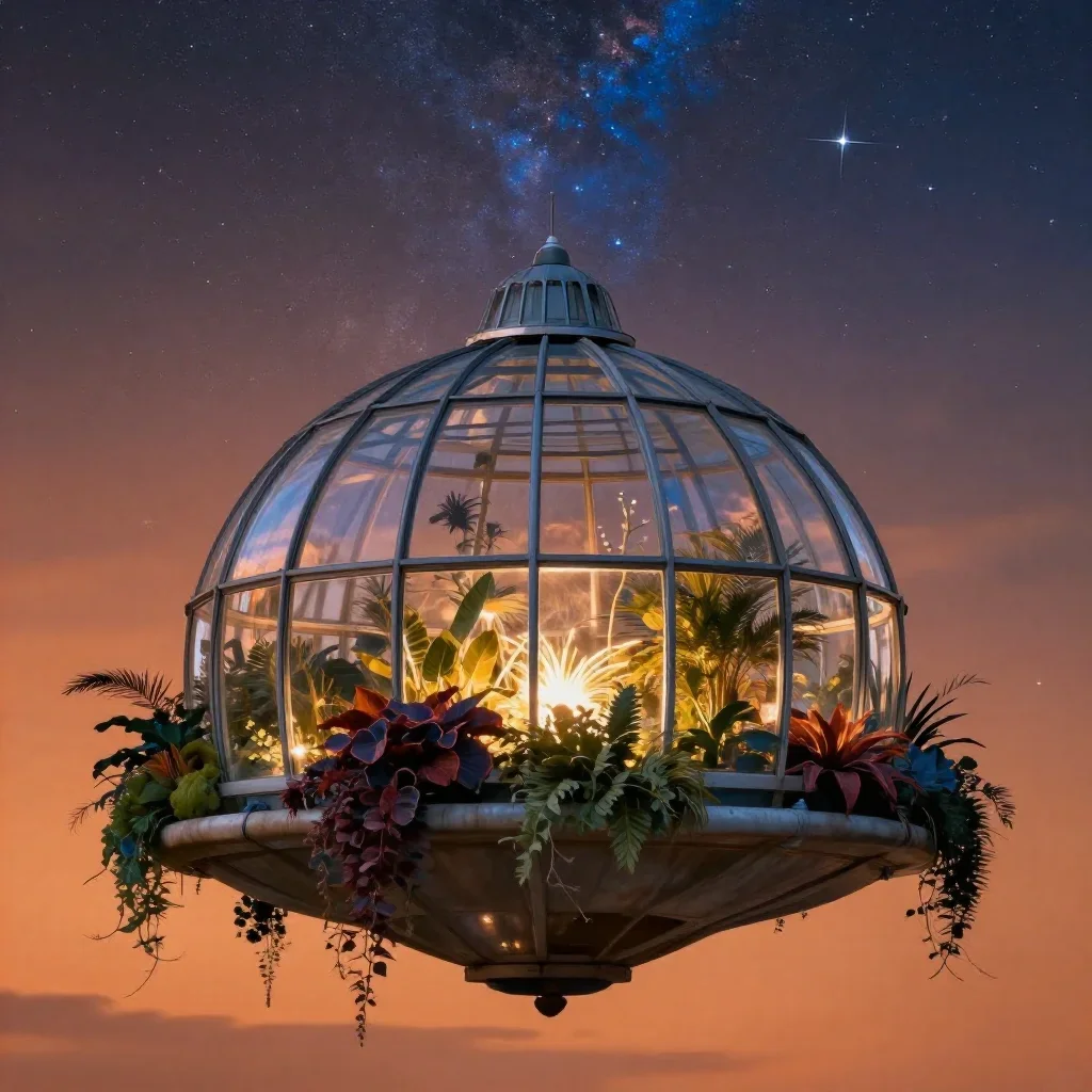 a floating botanical conservatory beneath a star-filled sky, high-end design magazine photography, soft volumetric light