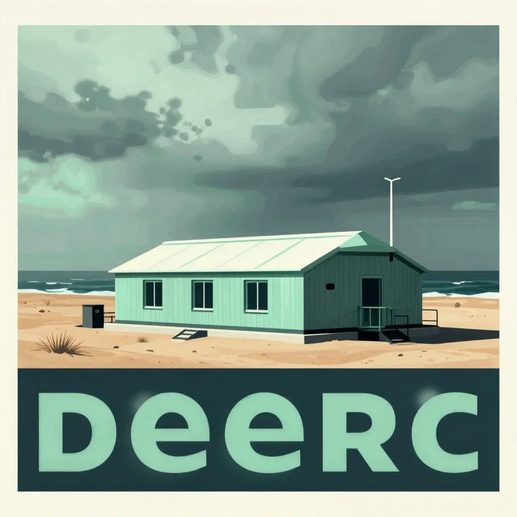 a desert research station under overcast coastal light, modernist poster illustration, crisp material detail, jade and c