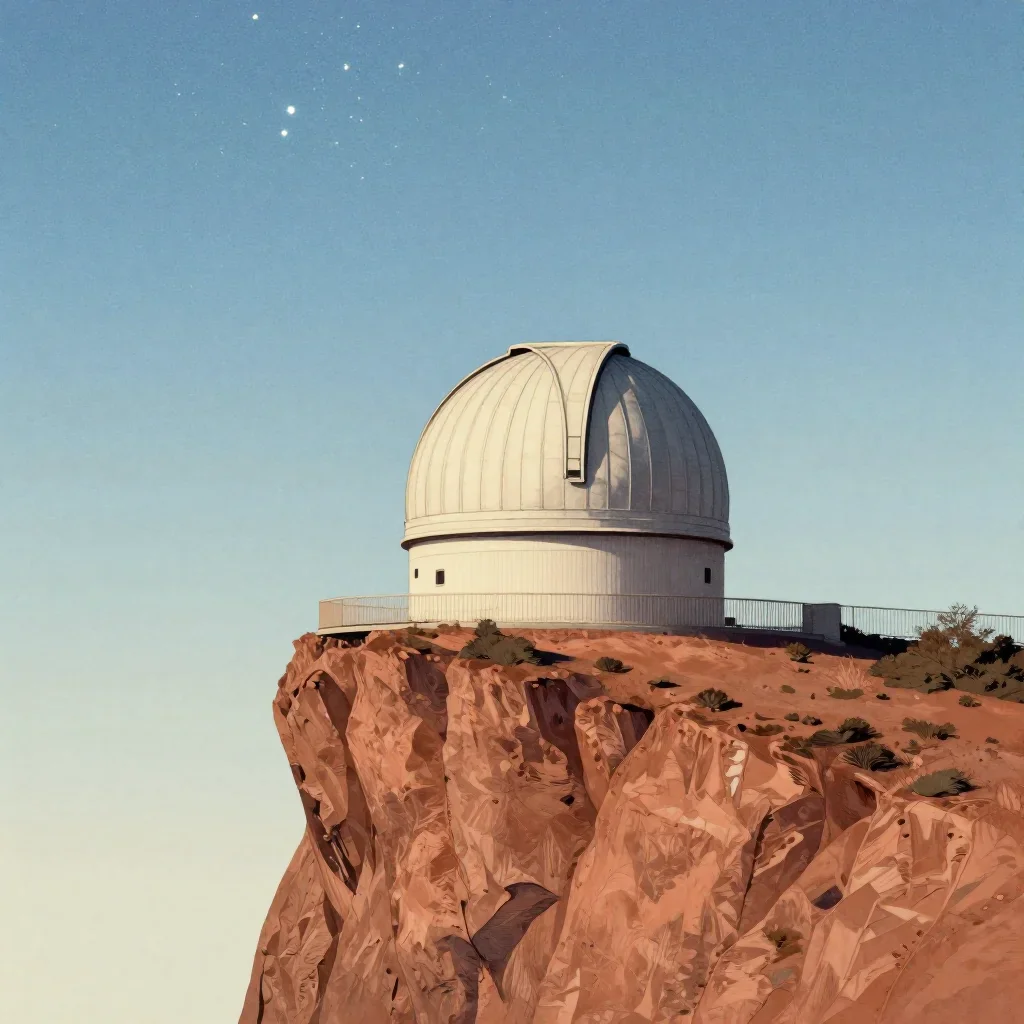 a cliffside observatory beneath a star-filled sky, Japanese woodblock-inspired editorial art, restrained color harmony, 