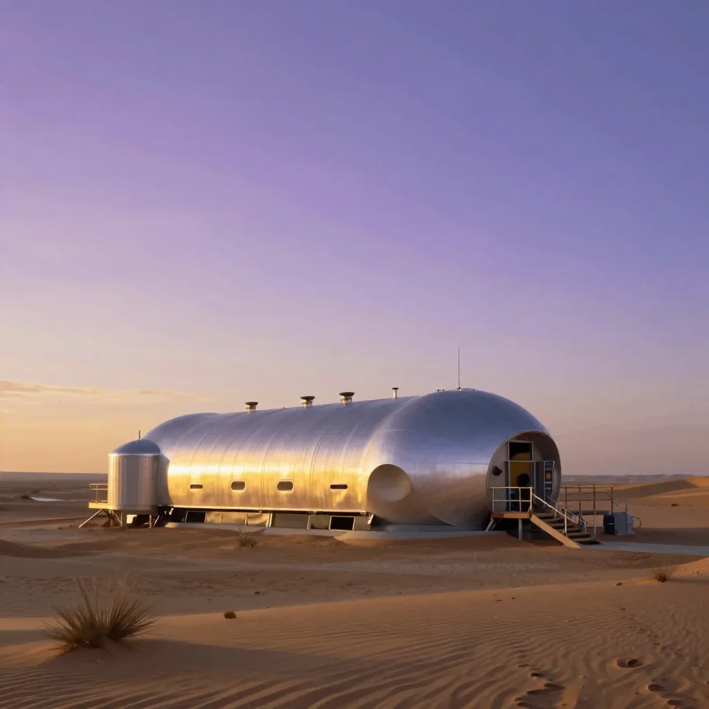 a desert research station during golden hour, quiet science-fiction concept art, soft volumetric light, lavender and sil