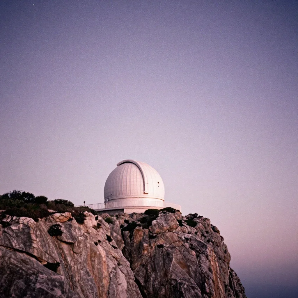 a cliffside observatory beneath a star-filled sky, soft-grain analog film photography, subtle film grain, lavender and s