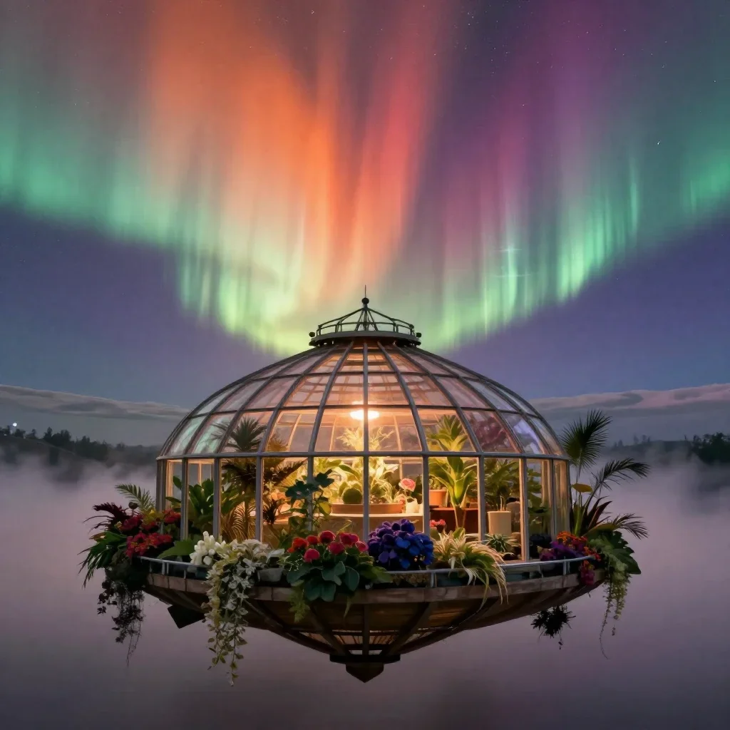 a floating botanical conservatory beneath an aurora, refined editorial travel photography, soft volumetric light, ochre