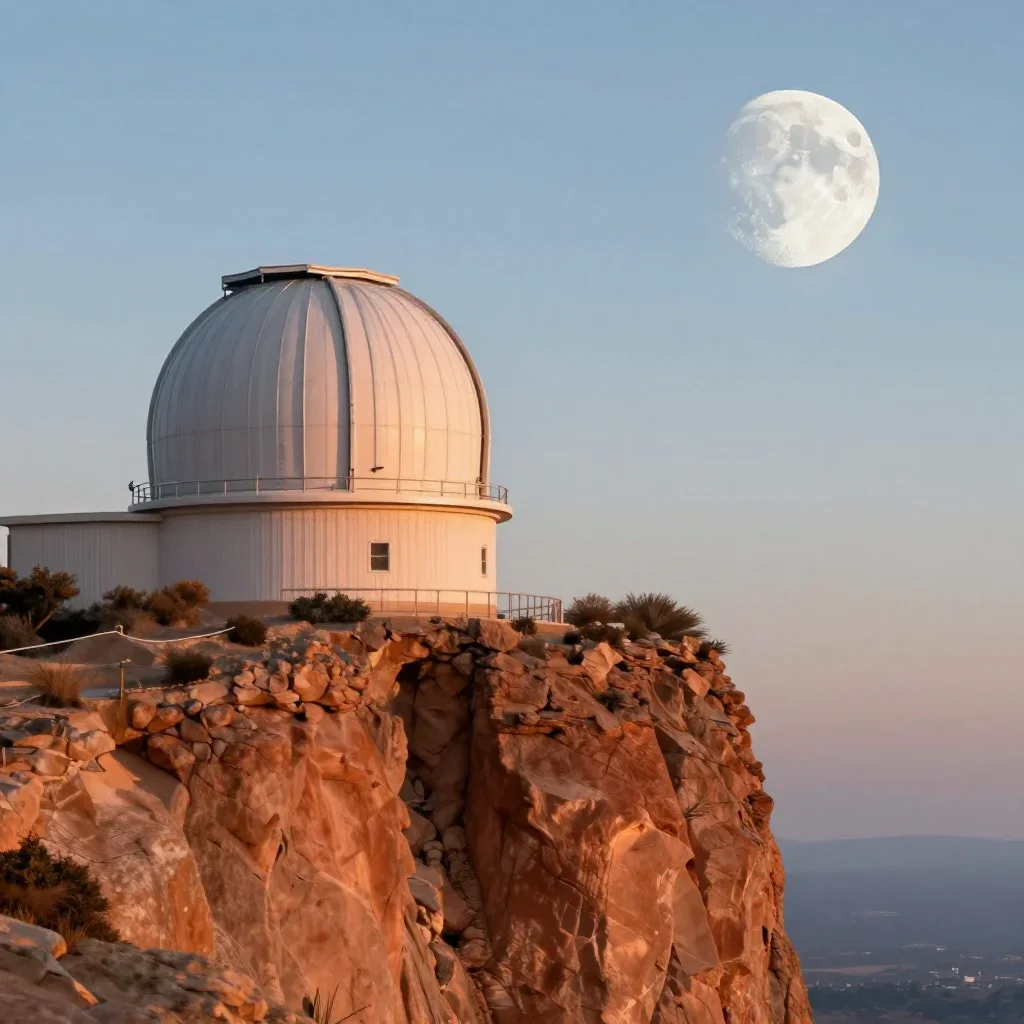 a cliffside observatory at moonrise, high-end design magazine photography, soft volumetric light, terracotta and pale sk