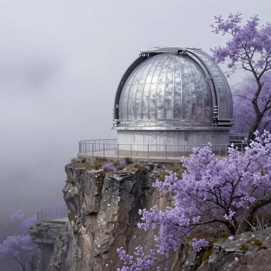 a cliffside observatory in early spring mist, contemporary botanical illustration, weathered tactile surfaces, lavender 