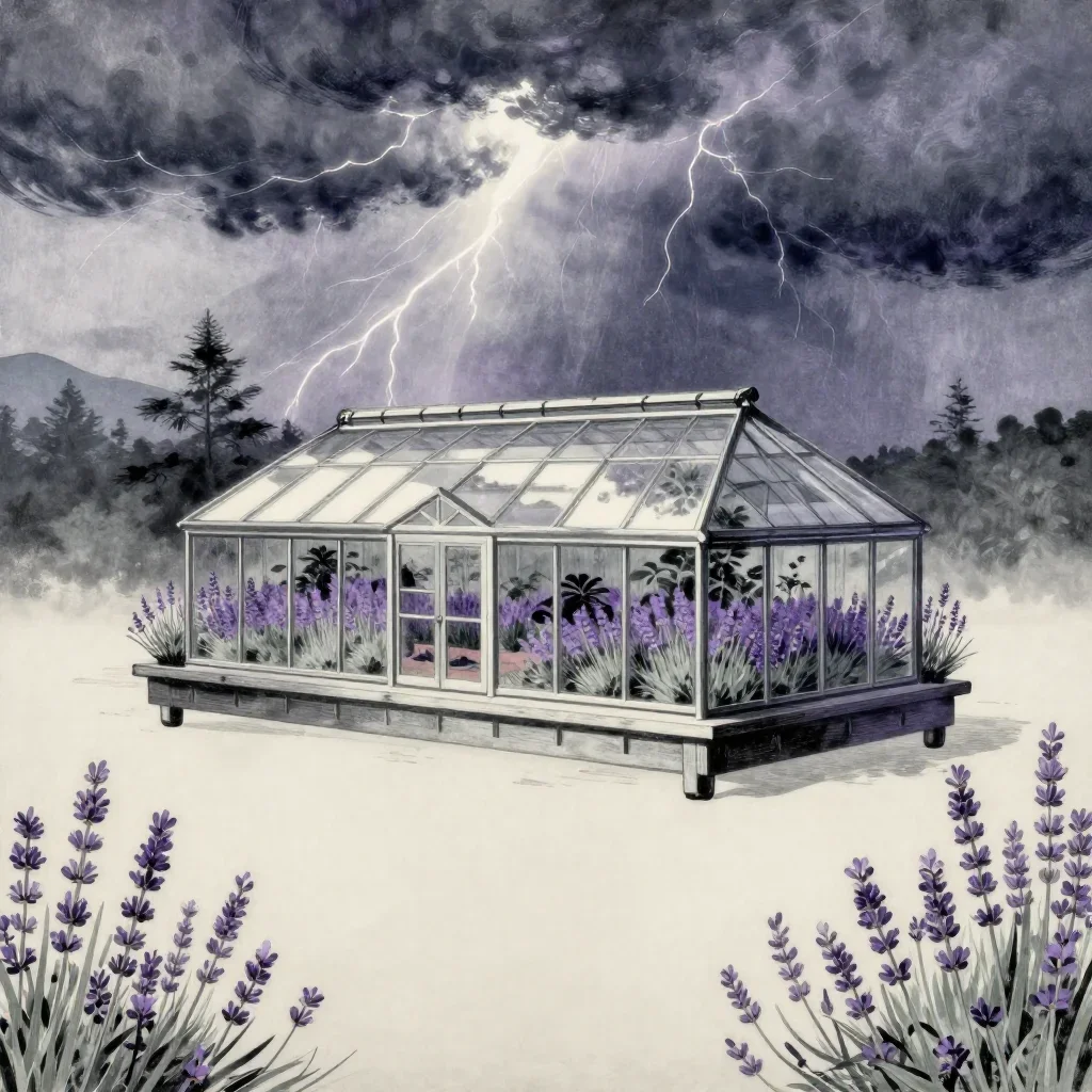 a floating botanical conservatory after a distant thunderstorm, Japanese woodblock-inspired editorial art, calm negative