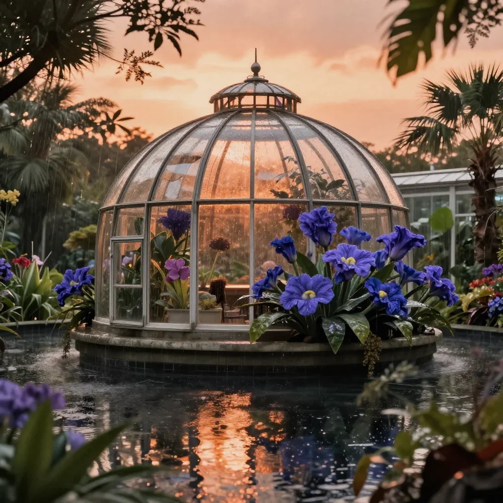 a floating botanical conservatory after warm summer rain, refined editorial travel photography, gentle reflected light,