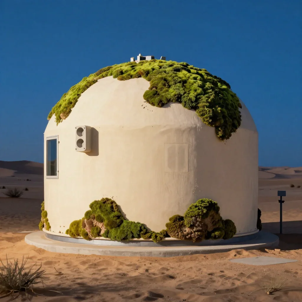 a desert research station at blue hour, museum-quality still-life photography, clean natural textures, moss green and cream palette, no people, no text, no logo, no watermark
