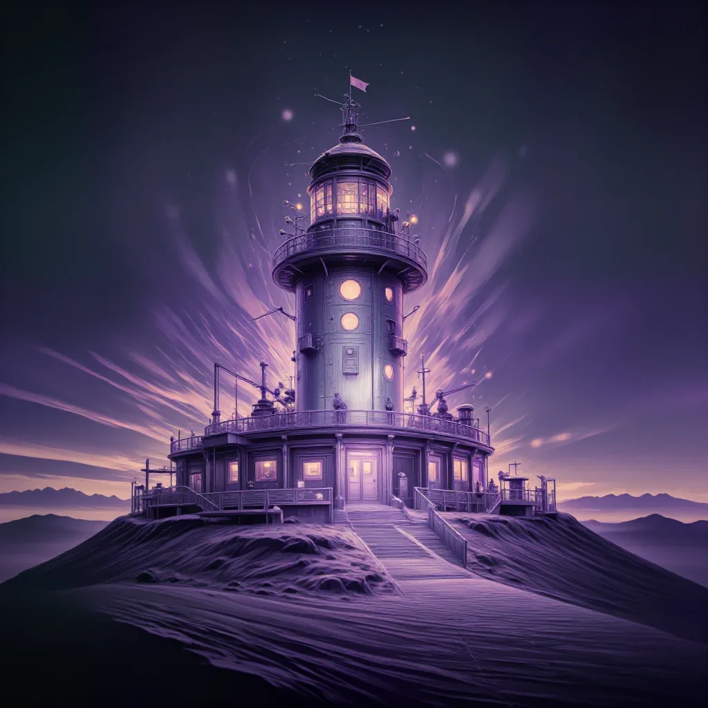 a desert research station at blue hour, Japanese woodblock-inspired editorial art, soft volumetric light, lavender and s