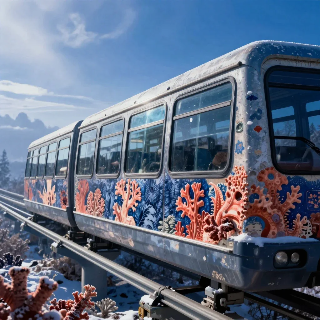 a glass monorail in crisp winter sunlight, dreamlike fine-art landscape photography, weathered tactile surfaces, coral a