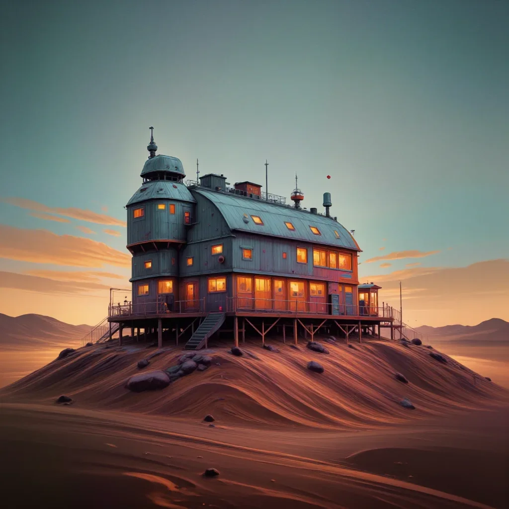 a desert research station in quiet late-afternoon haze, Japanese woodblock-inspired editorial art, restrained color harm