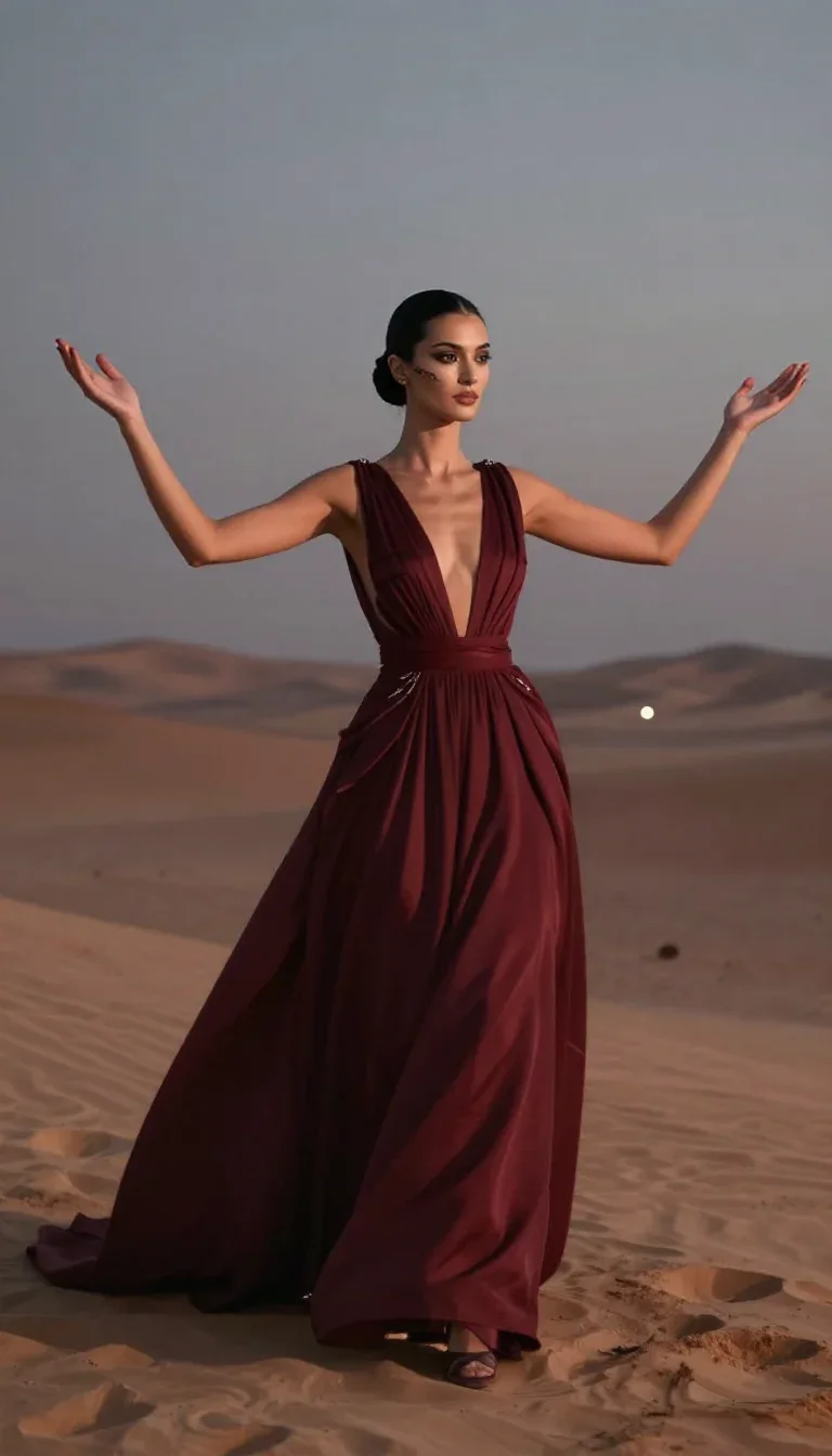 a couture catwalk muse with razor cheekbones in a bold, open-armed welcome, in a silent desert at twilight, cinematic fi