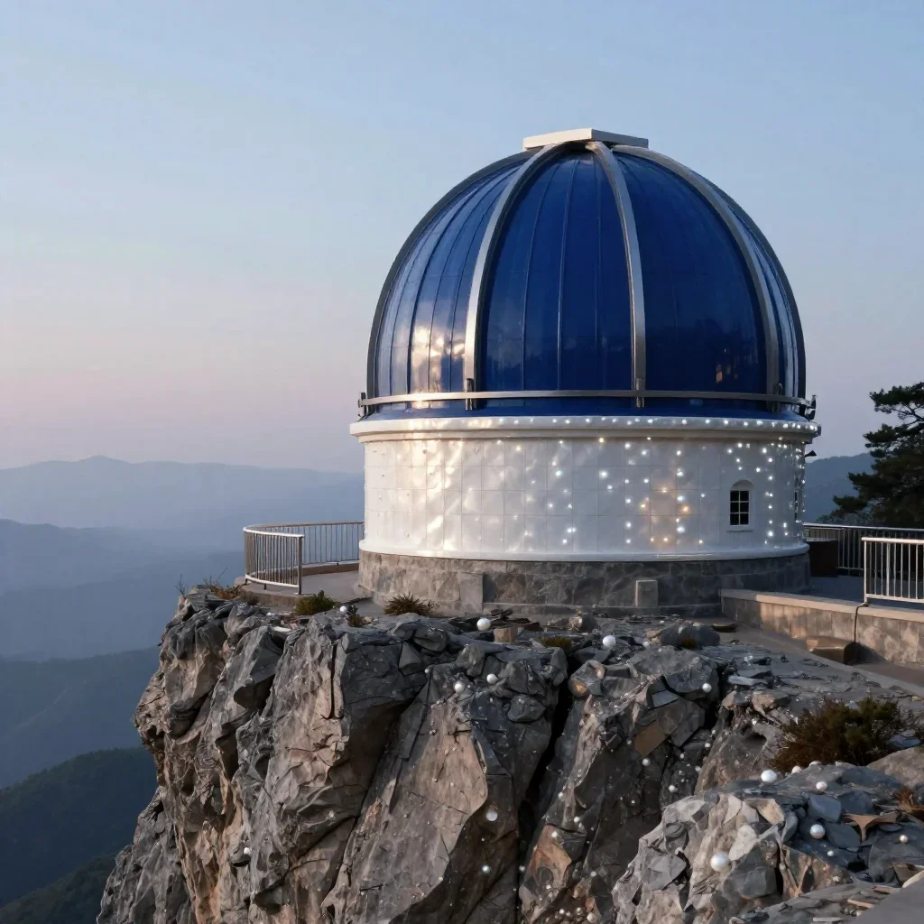 a cliffside observatory in quiet late-afternoon haze, museum-quality still-life photography, crisp material detail, indi