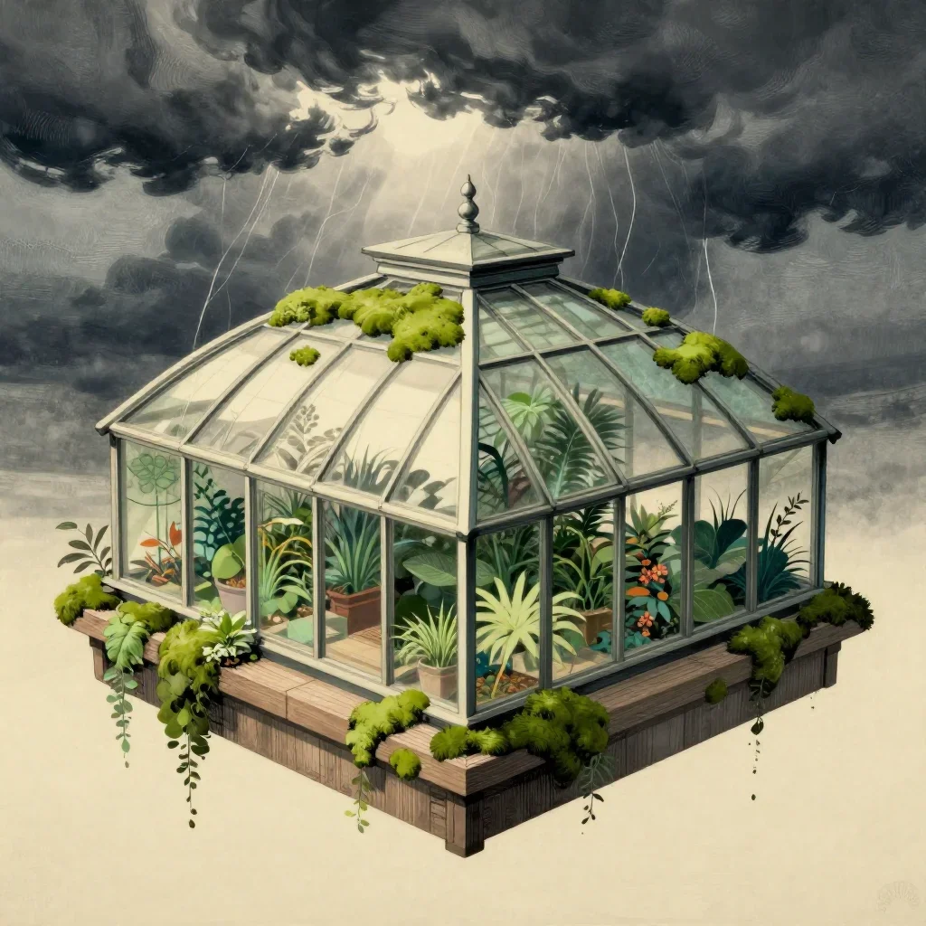 a floating botanical conservatory after a distant thunderstorm, Japanese woodblock-inspired editorial art, careful geometric composition, moss green and cream palette, no people, no text, no logo, no watermark