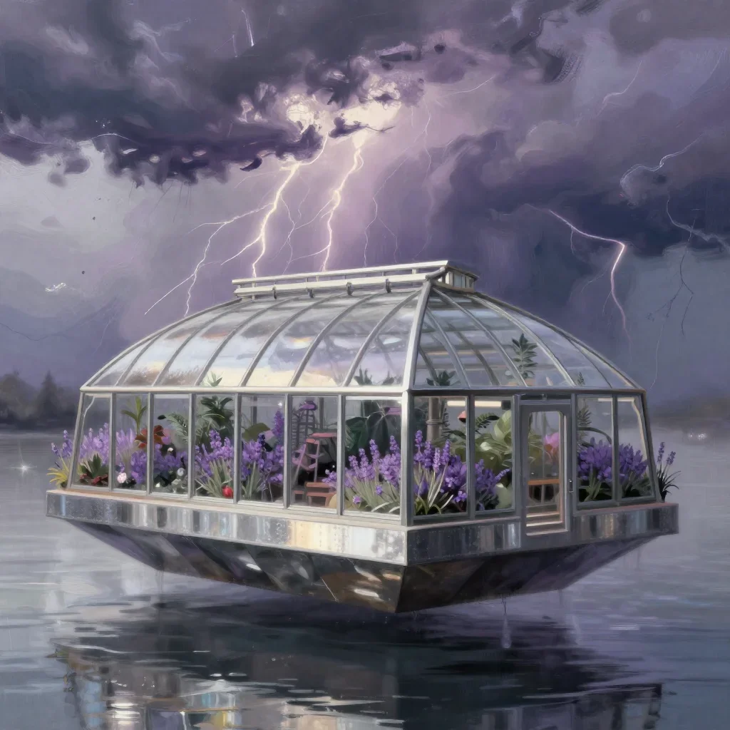 a floating botanical conservatory after a distant thunderstorm, modernist poster illustration, gentle reflected light, l