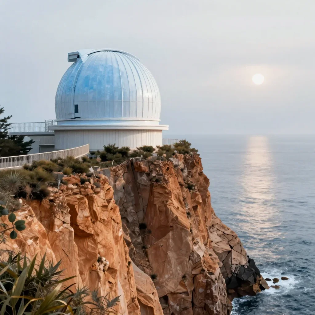 a cliffside observatory under overcast coastal light, contemporary botanical illustration, gentle reflected light, ice b