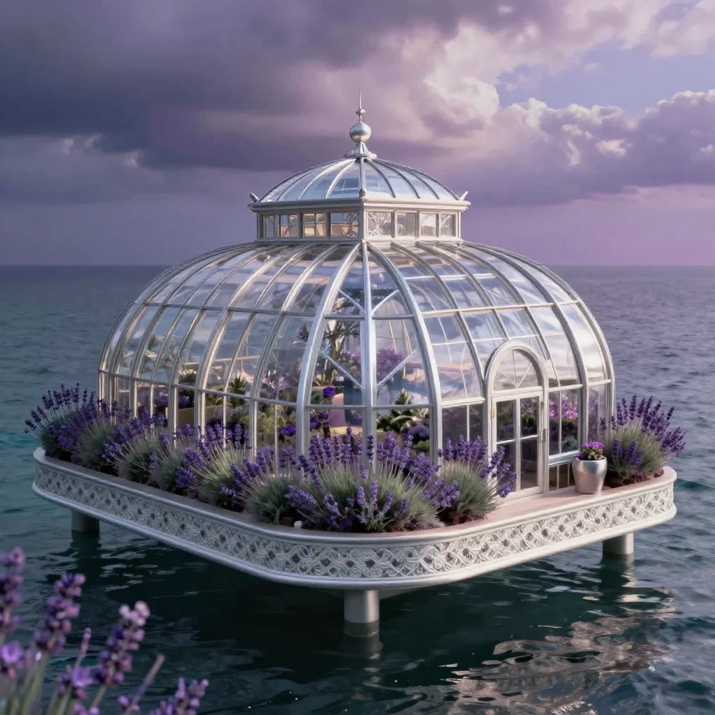 a floating botanical conservatory in a gentle sea breeze, cinematic architectural photography, crisp material detail, la