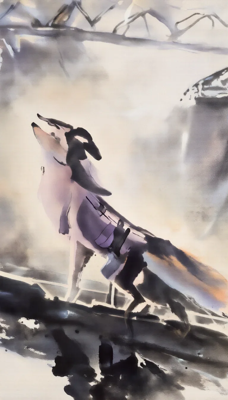 a spectral fox-spirit woman in an ink wash in a low lunge with a lifted chin, in a greenhouse humid with mist, National