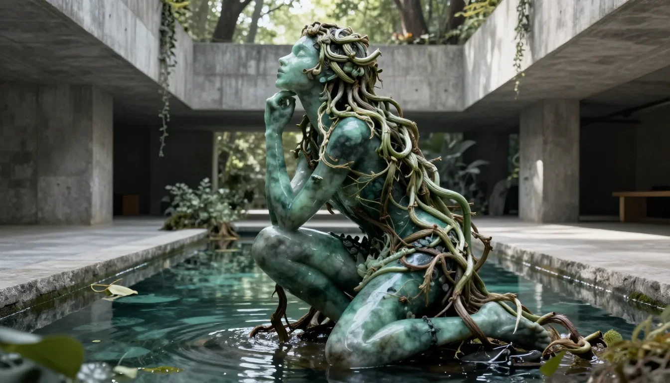 a dryad with vine-woven hair in a forest pool in a low lunge with a lifted chin, in a brutalist concrete atrium, high-fa