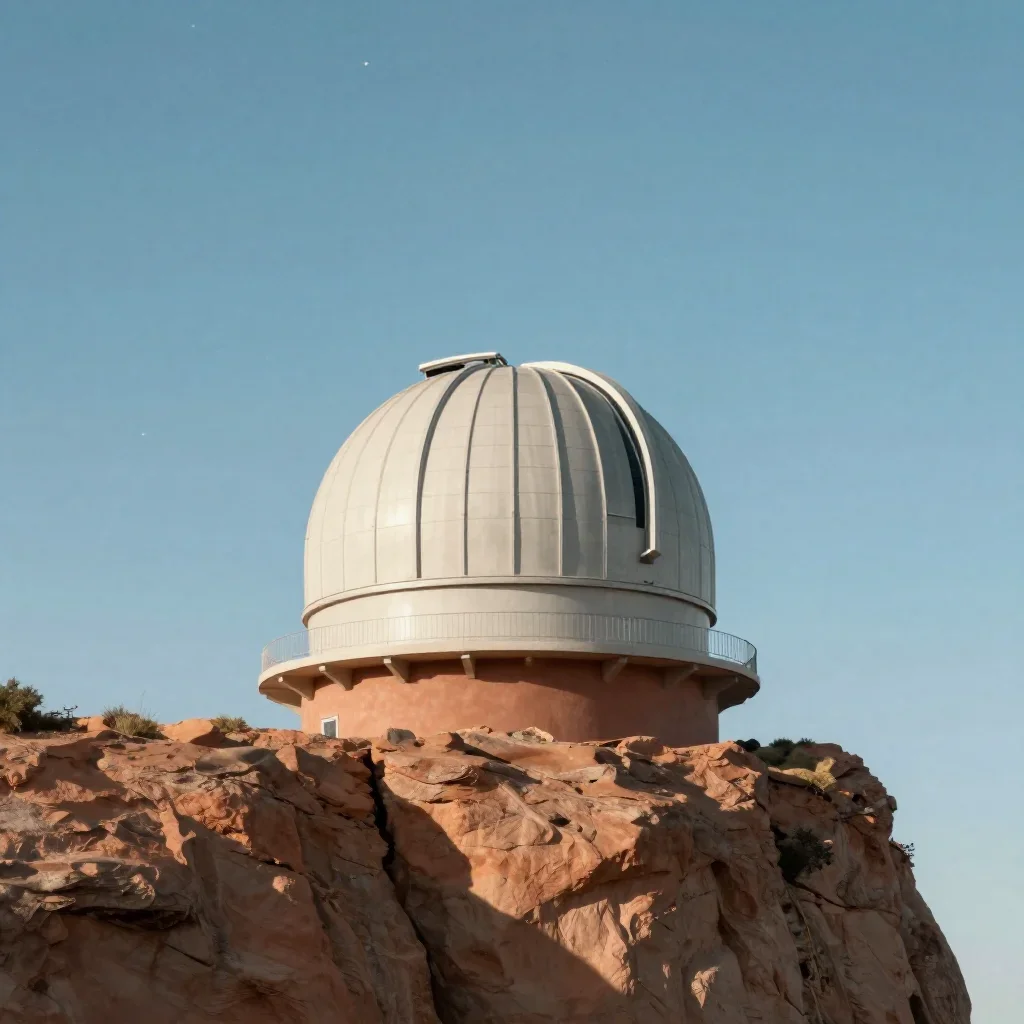 a cliffside observatory beneath a star-filled sky, quiet science-fiction concept art, careful geometric composition, ter