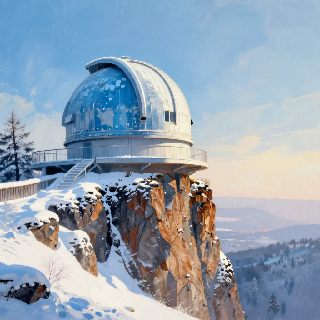 a cliffside observatory in crisp winter sunlight, modernist poster illustration, weathered tactile surfaces, ice blue an