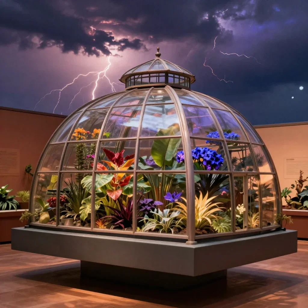 a floating botanical conservatory after a distant thunderstorm, museum-quality still-life photography, soft volumetric l