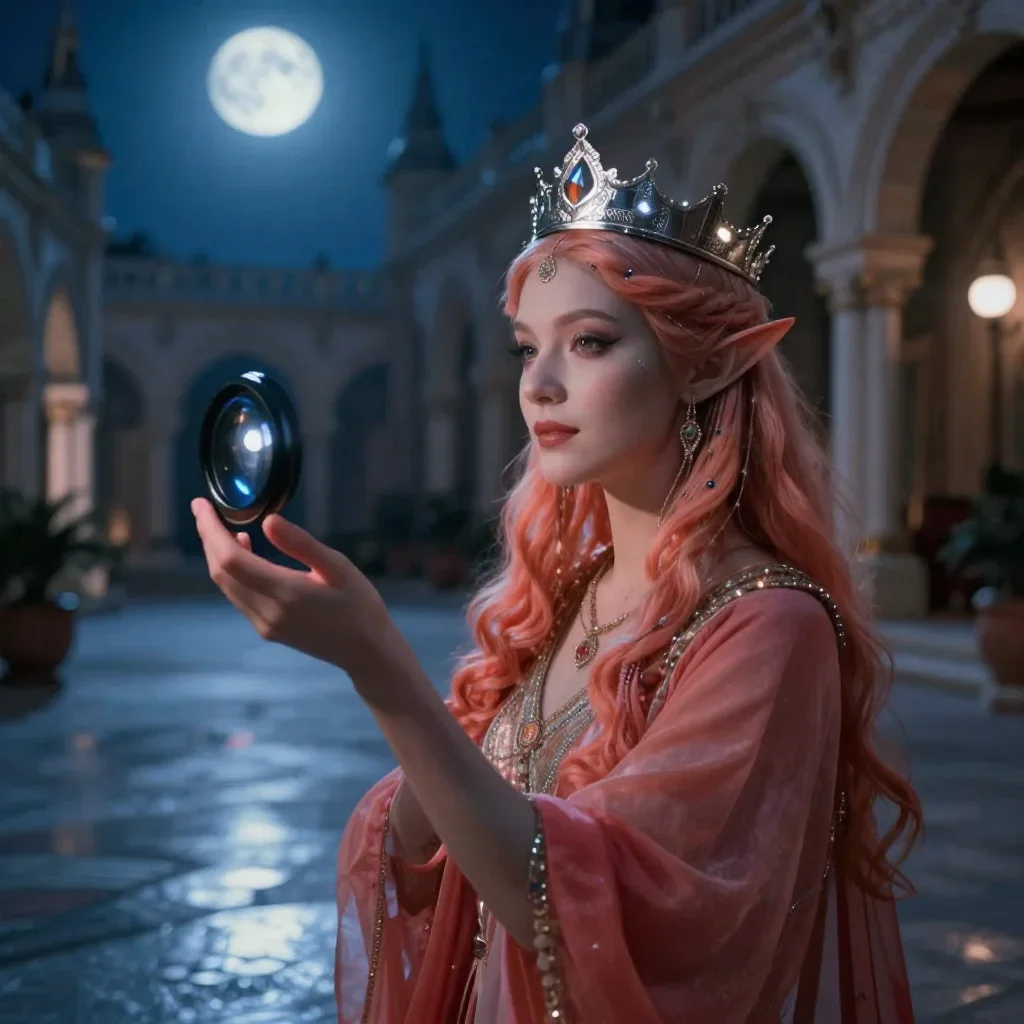 an elven queen in a moonlit silver crown in a gentle reach toward the lens, in a moonlit palace courtyard, moody Fujifil