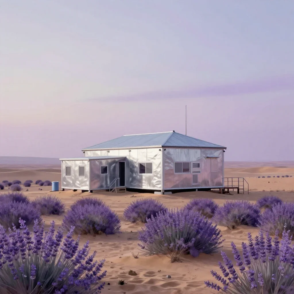 a desert research station in quiet late-afternoon haze, Japanese woodblock-inspired editorial art, calm negative space,