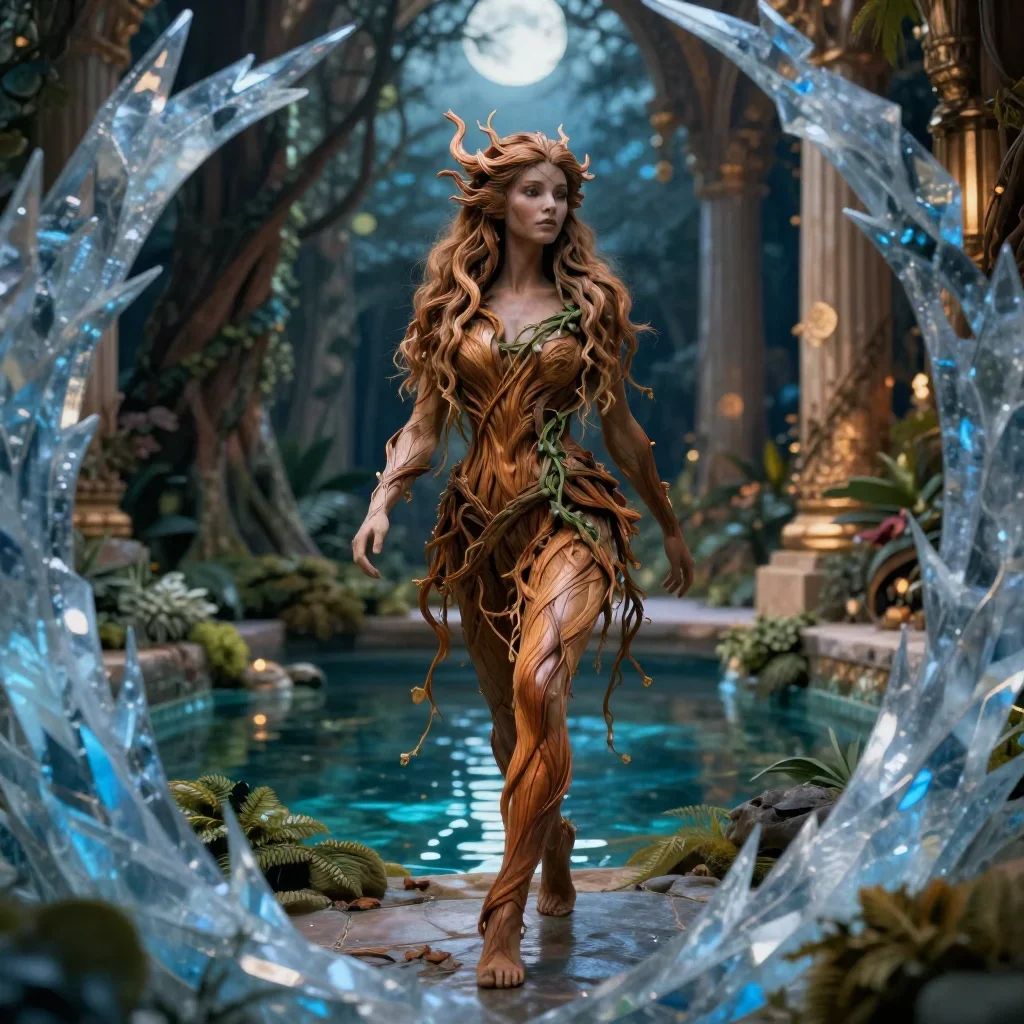 a dryad with vine-woven hair in a forest pool in a confident cinematic stride, in a moonlit palace courtyard, dreamlike 