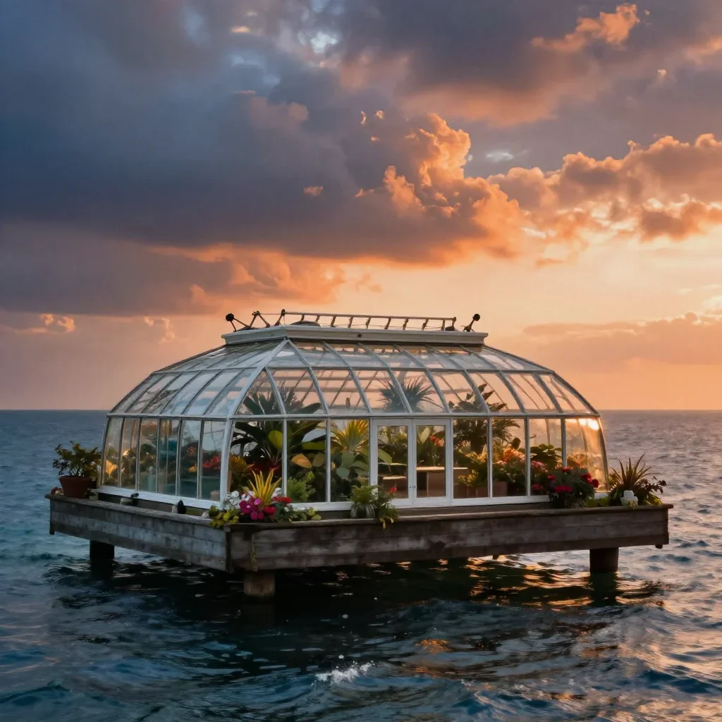 a floating botanical conservatory in a gentle sea breeze, refined editorial travel photography, atmospheric depth, ochre