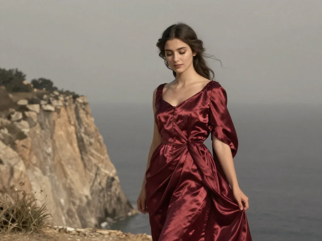 a young woman in a flowing silk gown in a coy glance from under lowered lashes, on a sun-drenched cliffside, Renaissance