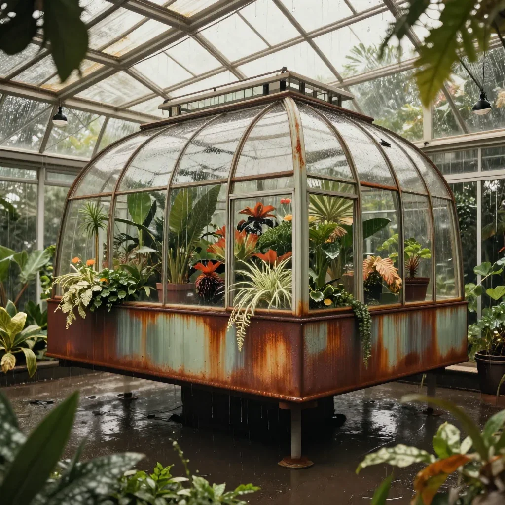 a floating botanical conservatory after warm summer rain, cinematic architectural photography, restrained color harmony,