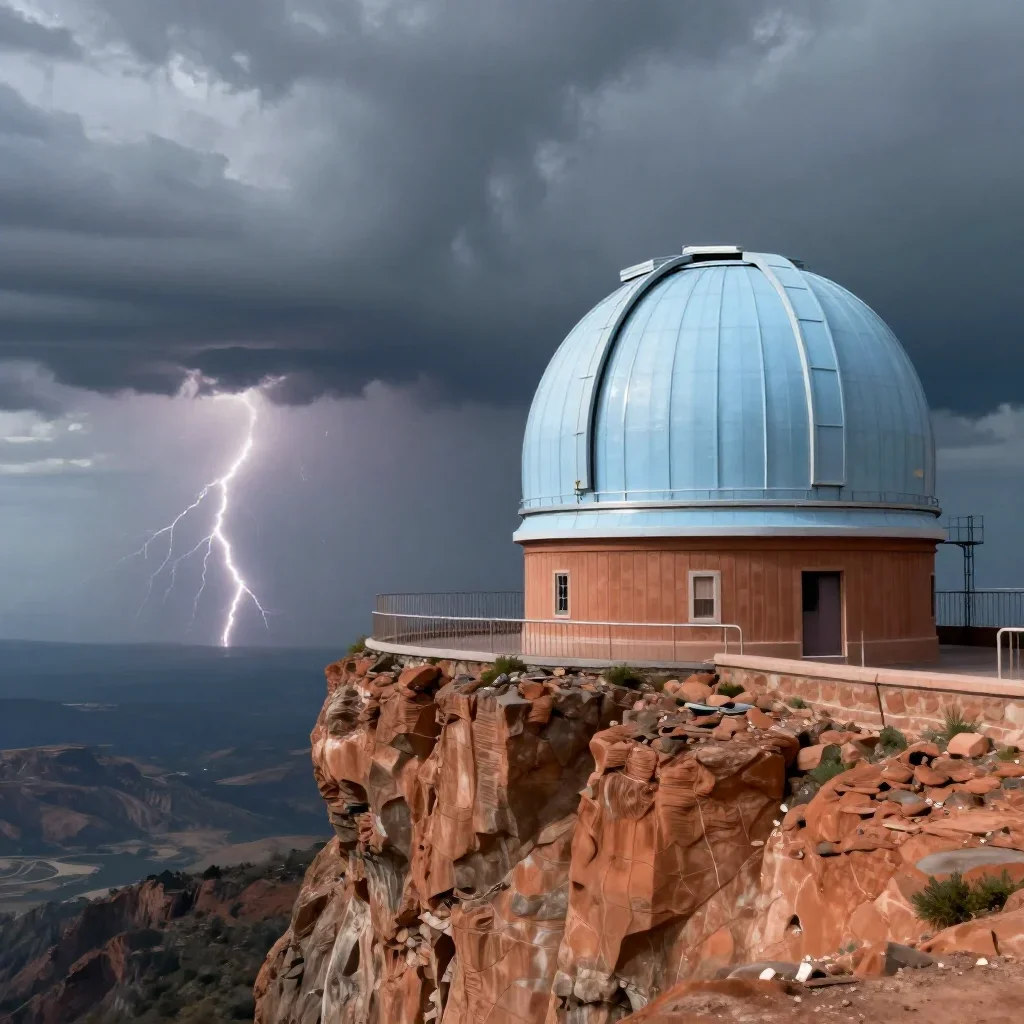 a cliffside observatory after a distant thunderstorm, quiet science-fiction concept art, crisp material detail, terracot