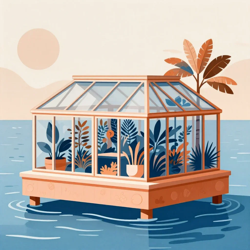 a floating botanical conservatory in a gentle sea breeze, contemporary botanical illustration, careful geometric composi
