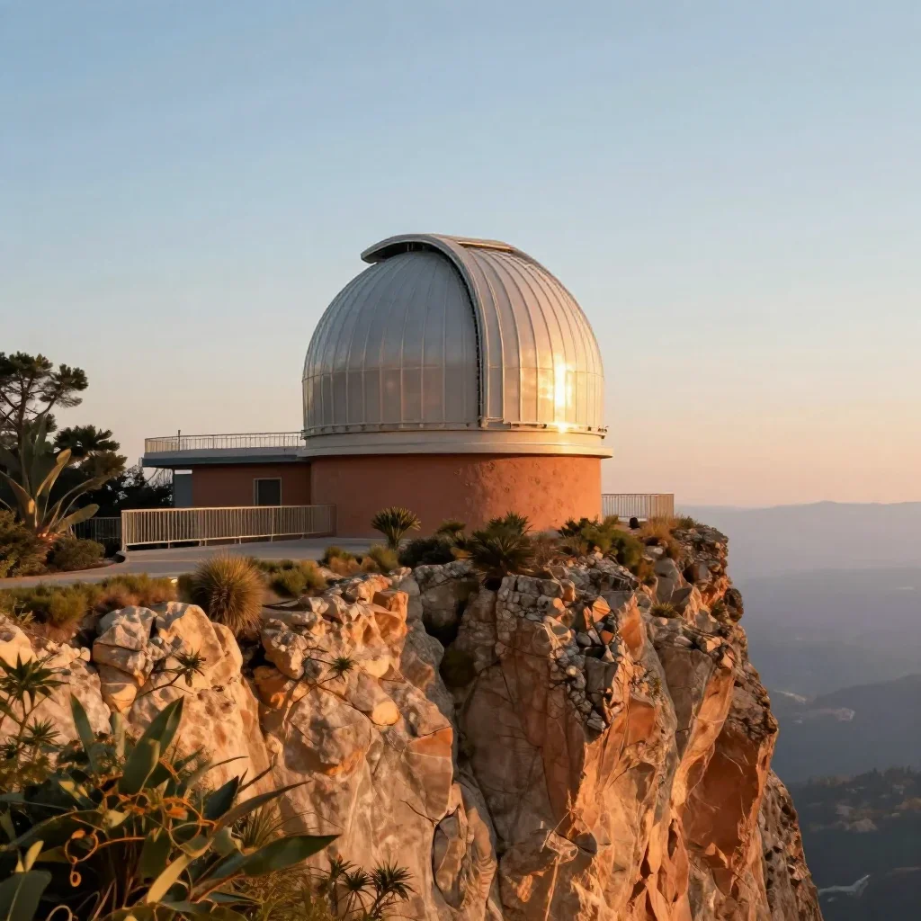 a cliffside observatory during golden hour, contemporary botanical illustration, gentle reflected light, terracotta and 