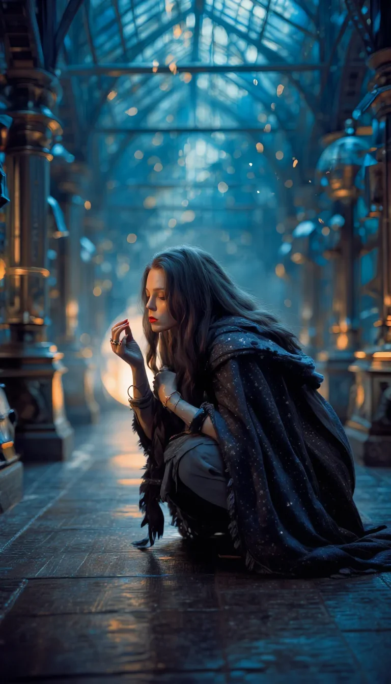 a sorceress in a star-lit midnight cloak in a low lunge with a lifted chin, in a greenhouse humid with mist, Wong Kar-wa