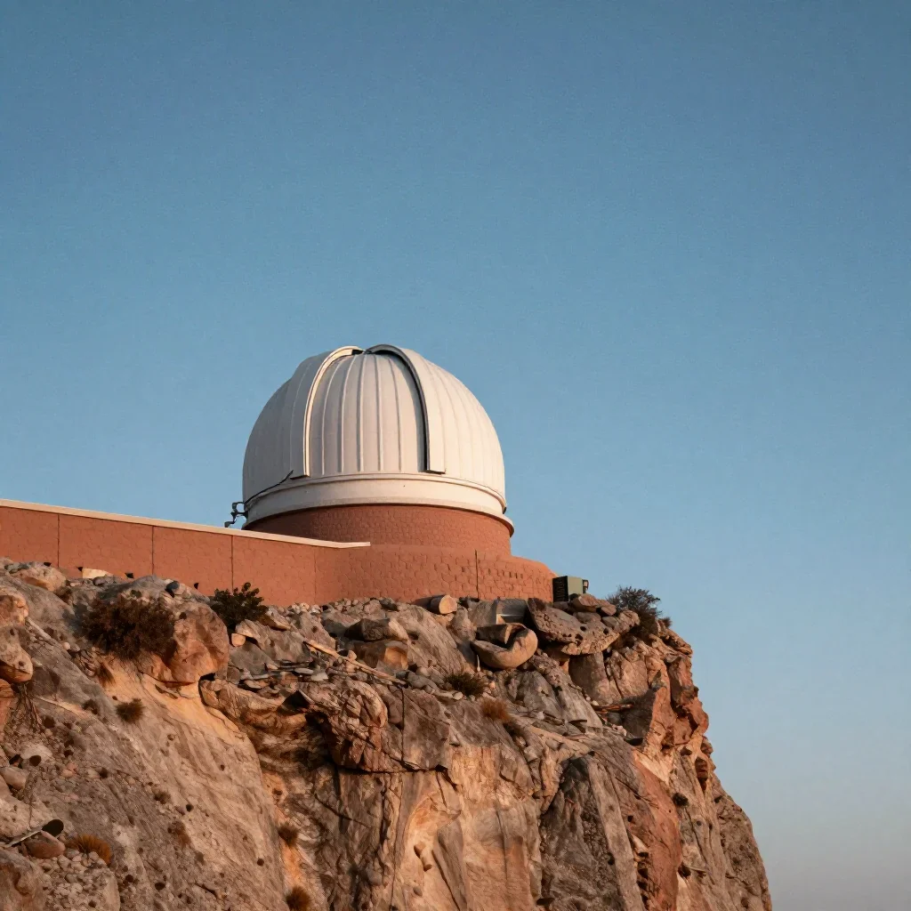 a cliffside observatory beneath a star-filled sky, refined editorial travel photography, crisp material detail, terracot