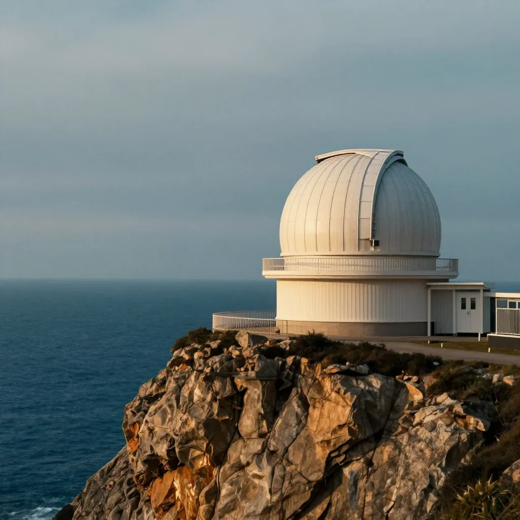 a cliffside observatory under overcast coastal light, cinematic architectural photography, calm negative space, cobalt a